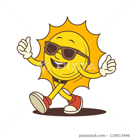 Happy Vintage Sun Mascot Wearing Sunglasses Walking Showing Thumbs Up Gesture Vector Illustration 129013496