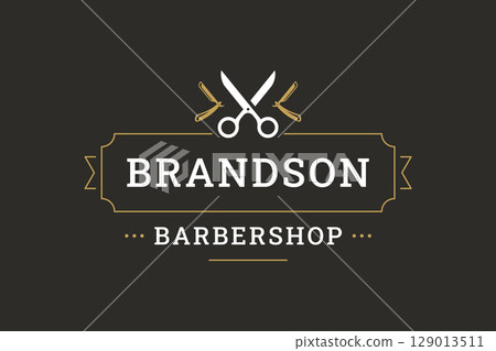 Elegant vintage barbershop logo with scissors and razor, stylish emblem for grooming services Elegant vintage barbershop logo with scissors and razor, stylish emblem for grooming services 129013511