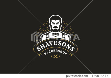Stylish Gentlemans Barber Shop Logo with Retro Scissors and Mustache Design 129013513