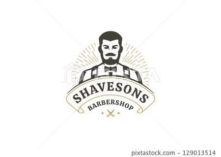 Vintage Barbershop Logo with Gentleman Character and Ribbon Banner for Male Grooming Branding Vintage Barbershop Logo with Gentleman Character and Ribbon Banner for Male Grooming Branding 129013514