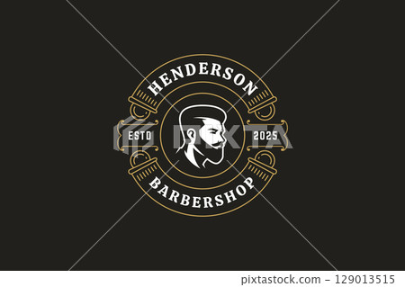 Classic Retro Barbershop Logo with Bearded Male Profile and Vintage Badge for Grooming Services 129013515