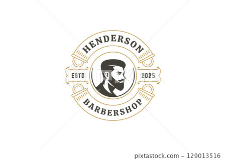 Elegant Vintage Barbershop Logo Featuring Bearded Male and Decorative Badge for Grooming Services Elegant Vintage Barbershop Logo Featuring Bearded Male and Decorative Badge for Grooming Services 129013516