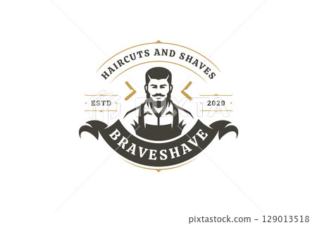 Retro vintage barbershop logo featuring a male barber with grooming tools 129013518