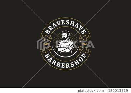 Vintage retro barbershop logo design featuring a strong male barber character with crossed arms 129013519