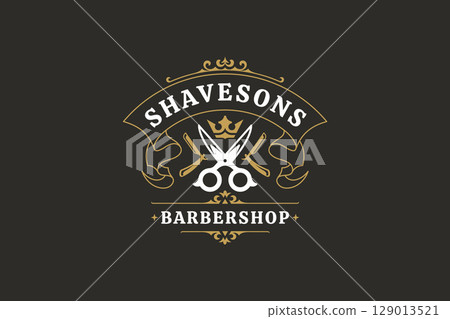 Retro Barber Shop Logo with Scissors, Crown, and Vintage Design Elements 129013521