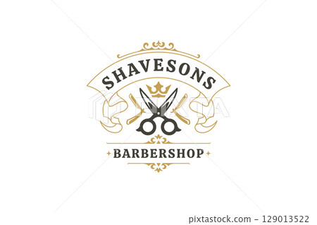 Vintage Retro Barbershop Logo Featuring Scissors, Razor and Crown for Professional Grooming Services Vintage Retro Barbershop Logo Featuring Scissors, Razor and Crown for Professional Grooming Services 129013522