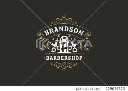 Elegant vintage barbershop logo with barber pole, scissors, and classic design for grooming services 129013523