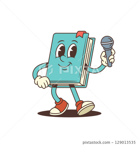 Happy Blue Cartoon Book Mascot Holding Microphone Smiling Cheerful Educational Character Illustration Happy Blue Cartoon Book Mascot Holding Microphone Smiling Cheerful Educational Character Illustration 129013535