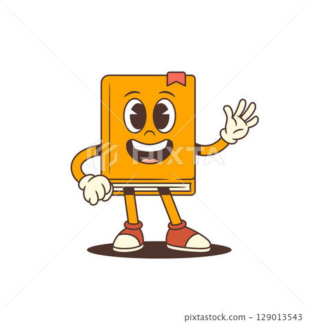 Orange Cartoon Book Mascot With Big Eyes Smiling And Waving Hand Cheerfully Vector Illustration 129013543