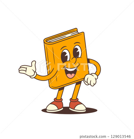 Orange Cartoon Book Mascot Joyfully Telling Story Gesturing With Hand Friendly Expression 129013546