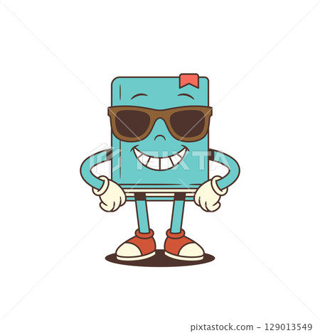Blue Cartoon Book Mascot Wearing Red Sunglasses Confidently Standing Hands On Hips Smiling Blue Cartoon Book Mascot Wearing Red Sunglasses Confidently Standing Hands On Hips Smiling 129013549