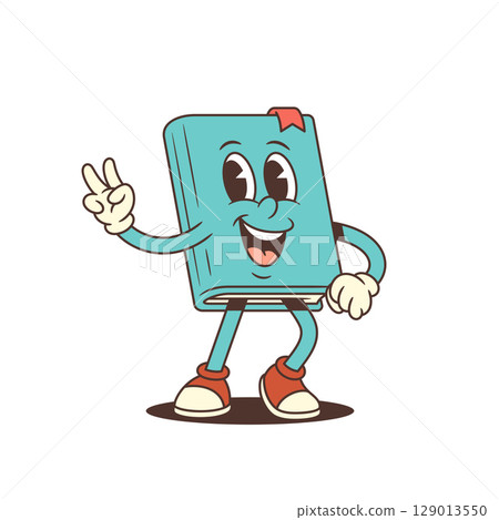 Blue Cartoon Book Mascot Smiling Cheerfully Showing Peace Victory Hand Gesture Vector Illustration Blue Cartoon Book Mascot Smiling Cheerfully Showing Peace Victory Hand Gesture Vector Illustration 129013550