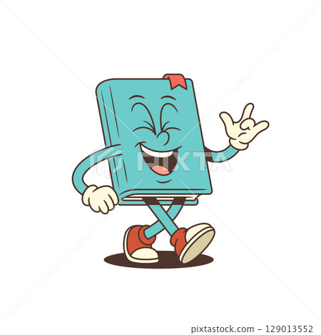 Blue Cartoon Book Mascot Laughing With Closed Eyes Making ILY Gesture While Walking Vector Illustration Blue Cartoon Book Mascot Laughing With Closed Eyes Making ILY Gesture While Walking Vector Illustration 129013552