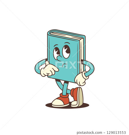 Blue Cartoon Book Mascot Thinking Deeply With Chin Resting And Eyes Looking Up Vector Illustration 129013553