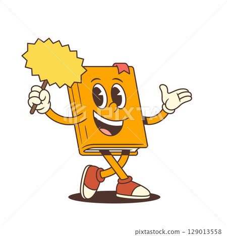 Happy Cartoon Orange Book Mascot Holding Yellow Promo Sign With Open Arms Vector Illustration Happy Cartoon Orange Book Mascot Holding Yellow Promo Sign With Open Arms Vector Illustration 129013558