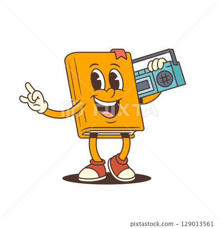 Orange Happy Cartoon Book Mascot Holding Vintage Cassette Player On Shoulder Showing Rock Gesture 129013561