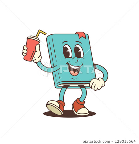 Blue Cartoon Book Mascot With Red Bookmark And Sneakers Holding Red Lemonade Cup With Straw 129013564