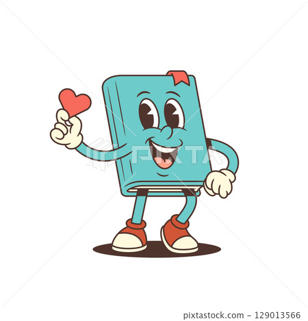 Blue Cartoon Book Mascot With Red Sneakers Holding Small Heart And Smiling Vector Illustration Blue Cartoon Book Mascot With Red Sneakers Holding Small Heart And Smiling Vector Illustration 129013566