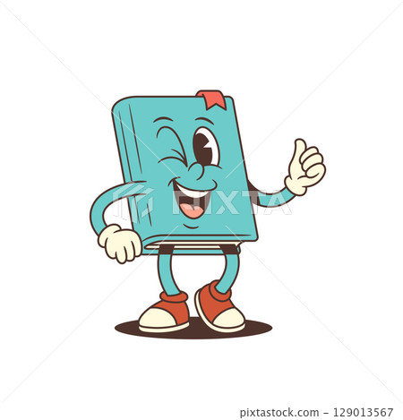 Blue Cartoon Book Mascot With Red Sneakers Winking And Showing Thumbs Up Gesture Vector Illustration 129013567