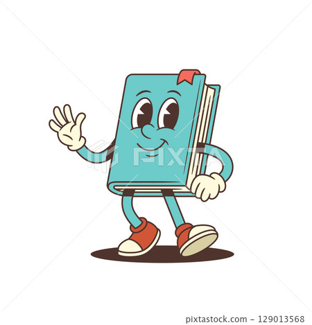 Cheerful Blue Cartoon Book Mascot With Red Bookmark And Sneakers Waving Hand Gesture Vector Illustration Cheerful Blue Cartoon Book Mascot With Red Bookmark And Sneakers Waving Hand Gesture Vector Illustration 129013568
