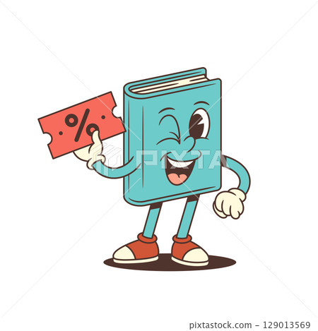 Funny Blue Cartoon Book Mascot With Wink And Discount Coupon Showing Percent Vector Illustration 129013569