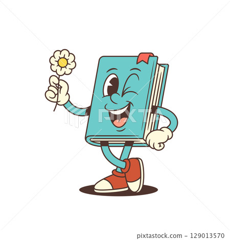 Blue Cartoon Book Mascot Winking And Holding Daisy With Happy Face Vector Illustration 129013570