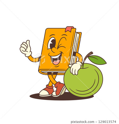Orange Cartoon Book Mascot Winking Showing Thumbs Up Leaning On Large Green Apple Vector Illustration 129013574
