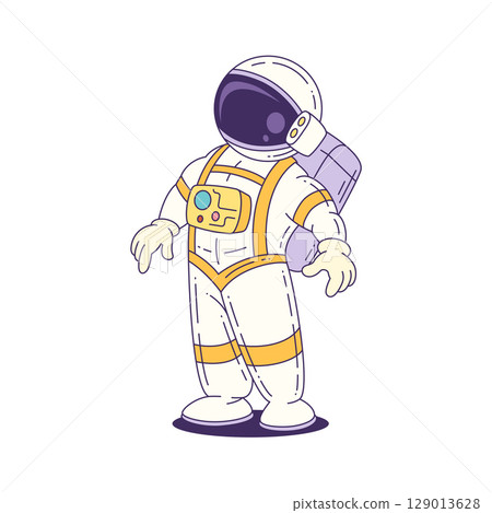 Cartoon Mascot Astronaut Standing In White Suit With Yellow Accents Ready For Space Exploration 129013628