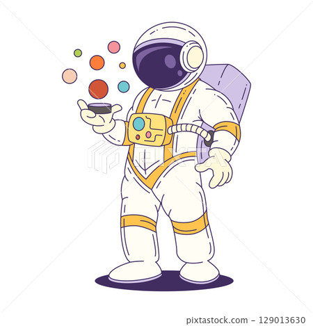 Cartoon Mascot Astronaut In White Suit Holding Planet Model For Space Education And Science Projects Cartoon Mascot Astronaut In White Suit Holding Planet Model For Space Education And Science Projects 129013630