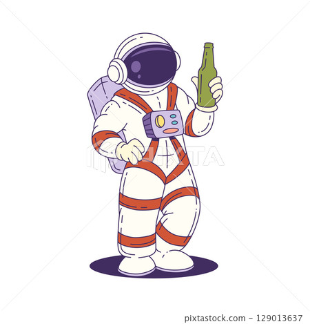 Cartoon Mascot Astronaut Standing Confidently In Space Suit Holding Green Bottle For Fun Space Events 129013637