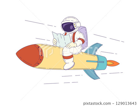 Cartoon Mascot Astronaut Sitting On Rocket Holding Map In Space Ready For Cosmic Exploration Adventure Cartoon Mascot Astronaut Sitting On Rocket Holding Map In Space Ready For Cosmic Exploration Adventure 129013643