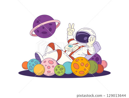 Colorful Mascot Astronaut Making Peace Signs Surrounded By Planets And Cosmic Elements 129013644