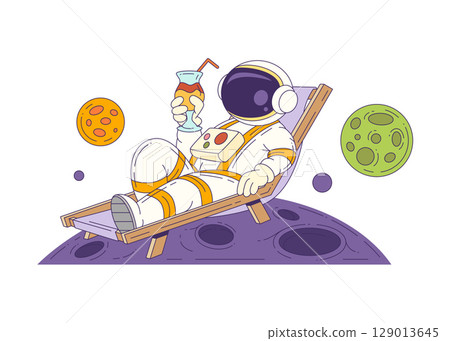 Colorful Cartoon Mascot Astronaut Relaxing On The Moon With Cocktail In Hand Enjoying Outer Space Leisure 129013645