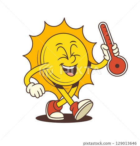 Cheerful Retro Sun Character Holding Thermometer in Hot Summer Mood Vector Illustration Cheerful Retro Sun Character Holding Thermometer in Hot Summer Mood Vector Illustration 129013646