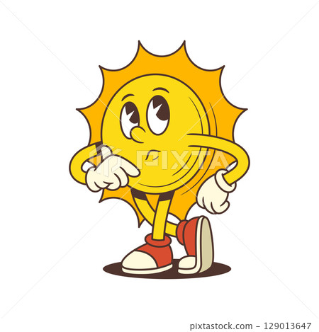 Playful Cartoon Sun Character Thinking with Hand on Chin Looking Up Vector Illustration Playful Cartoon Sun Character Thinking with Hand on Chin Looking Up Vector Illustration 129013647