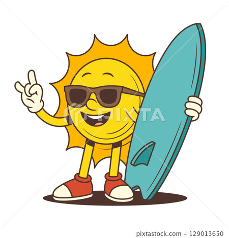 Cool Cartoon Sun Character with Surfboard and Rock Gesture in Retro Style Vector Illustration 129013650