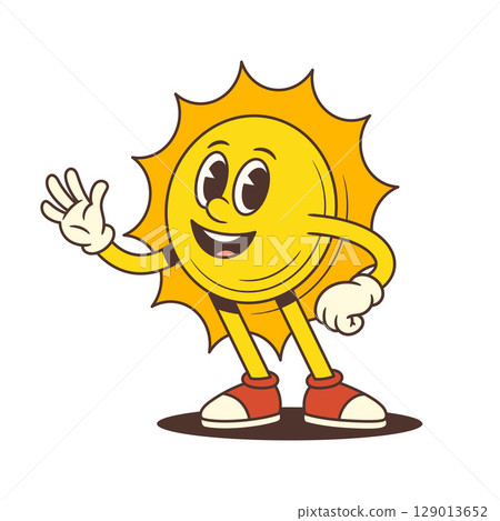 Smiling Cartoon Sun Character Waving Hand in Classic Retro Style with Cheerful Face Vector Illustration Smiling Cartoon Sun Character Waving Hand in Classic Retro Style with Cheerful Face Vector Illustration 129013652