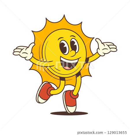 Happy Cartoon Sun Character Jumping with Open Arms and Big Smile in Retro Style Vector Illustration Happy Cartoon Sun Character Jumping with Open Arms and Big Smile in Retro Style Vector Illustration 129013655