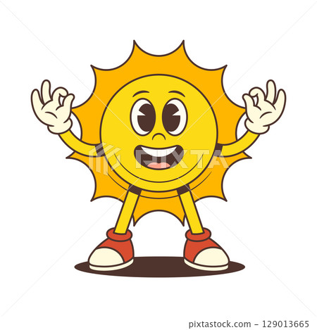 Happy Cartoon Sun Mascot Standing with Raised Arms and OK Gesture in Retro Style Vector Illustration Happy Cartoon Sun Mascot Standing with Raised Arms and OK Gesture in Retro Style Vector Illustration 129013665