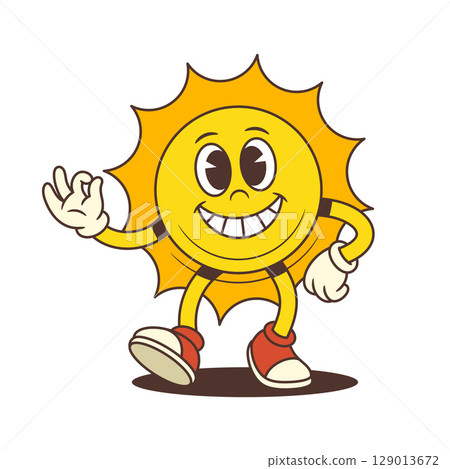 Happy Cartoon Sun Mascot Walking Forward with OK Gesture in Retro Style Vector Illustration 129013672