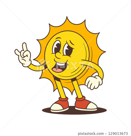 Cheerful Cartoon Sun Mascot Standing and Making Rock Hand Gesture in Retro Style Vector Illustration Cheerful Cartoon Sun Mascot Standing and Making Rock Hand Gesture in Retro Style Vector Illustration 129013673