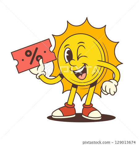 Smiling Cartoon Sun Mascot Holding Red Discount Coupon and Winking in Retro Style Vector Illustration Smiling Cartoon Sun Mascot Holding Red Discount Coupon and Winking in Retro Style Vector Illustration 129013674