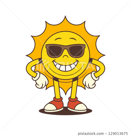 Confident Sun Mascot in Sunglasses Standing with Hands on Hips in Retro Style Vector Illustration Confident Sun Mascot in Sunglasses Standing with Hands on Hips in Retro Style Vector Illustration 129013675