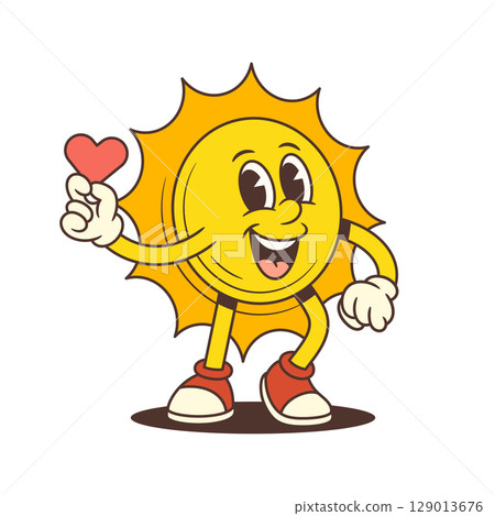 Smiling Cartoon Sun Mascot Holding Red Heart Symbol with Cheerful Expression Vector Illustration 129013676