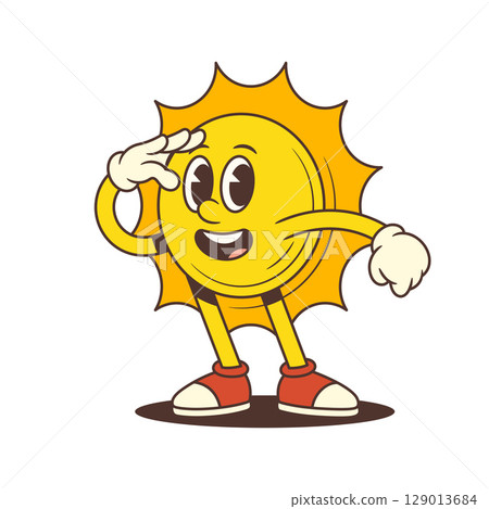 Cheerful Vintage Cartoon Sun Mascot Searching Ahead With Hand As Visor Vector Illustration 129013684