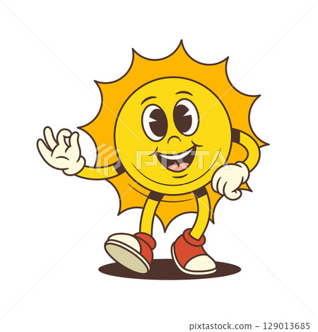 Smiling Vintage Cartoon Sun Mascot Walking Forward Showing Ok Hand Gesture Vector Illustration Smiling Vintage Cartoon Sun Mascot Walking Forward Showing Ok Hand Gesture Vector Illustration 129013685