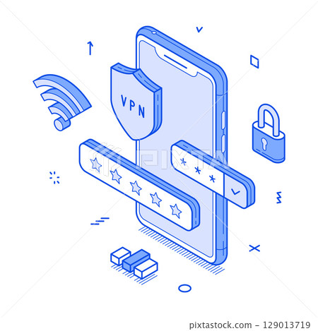 VPN network security smartphone application user privacy minimalist isometric vector illustration 129013719