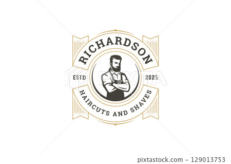 Elegant vintage barber shop logo with retro design and grooming services emblem 129013753