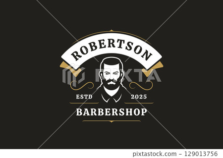 Elegant vintage barbershop logo with retro gentleman silhouette and gold accents 129013756
