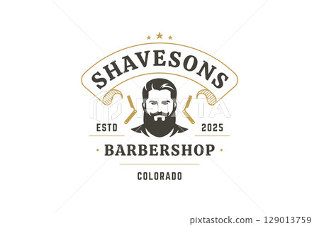 Retro Barbershop Logo with Male Portrait and Vintage Razors 129013759